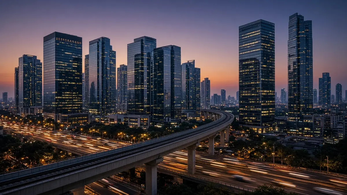 Gurugram skyline and metro at dusk, Delhi NCR