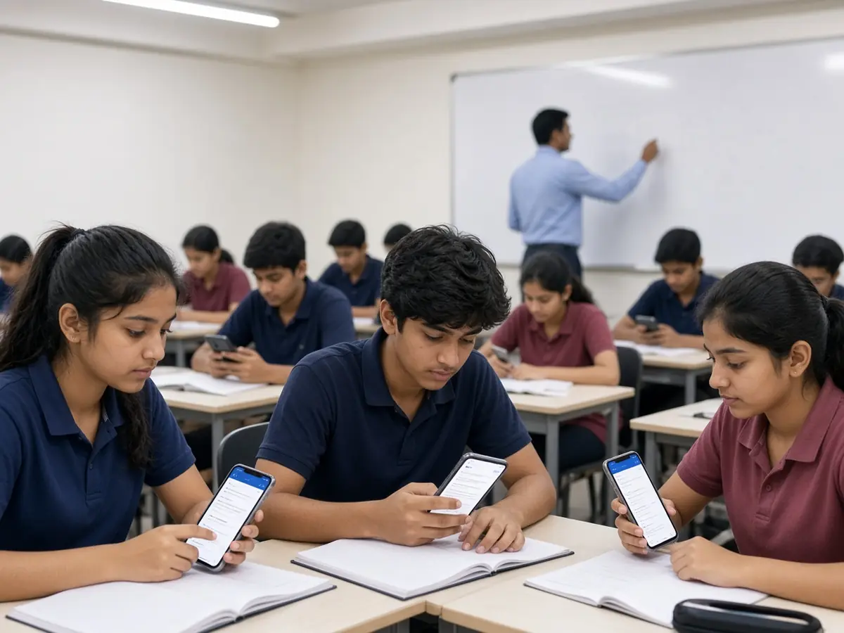 Indian students using a coaching app in class