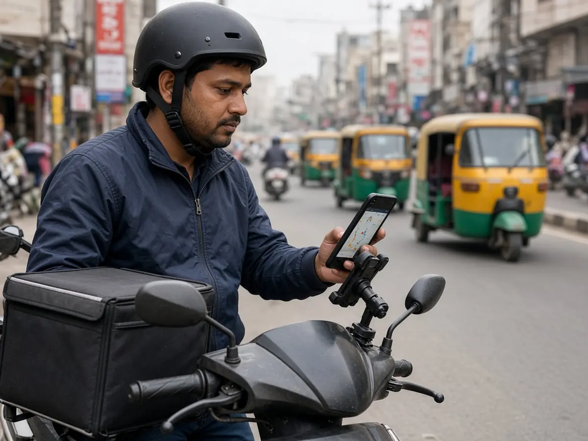 Delivery rider in an Indian city checking a delivery app