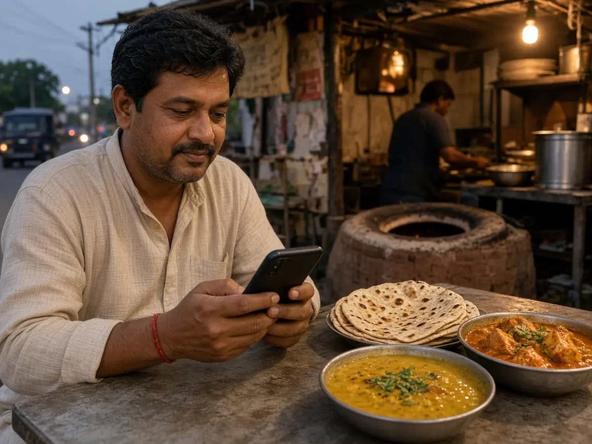 Dhaba owner taking orders on a phone app