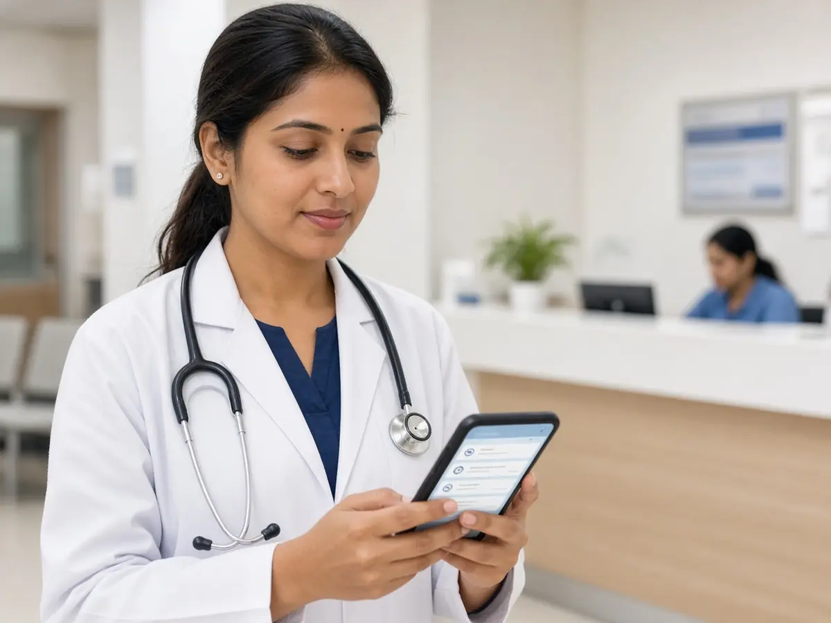 Indian doctor checking appointments on a clinic booking app