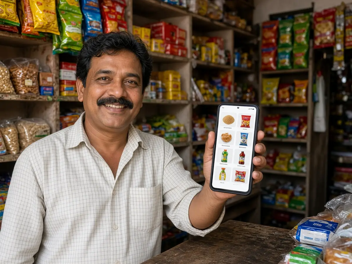 Kirana store owner showing a shop ordering app on his phone