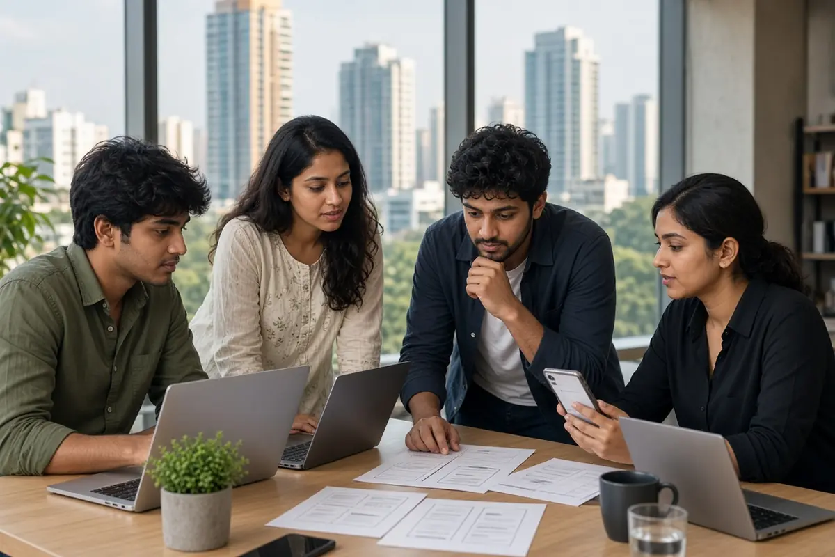Indian developers at Kriworld iTech planning a mobile app together