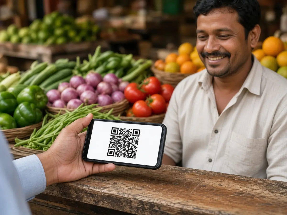 Customer paying by UPI QR code at a vegetable shop