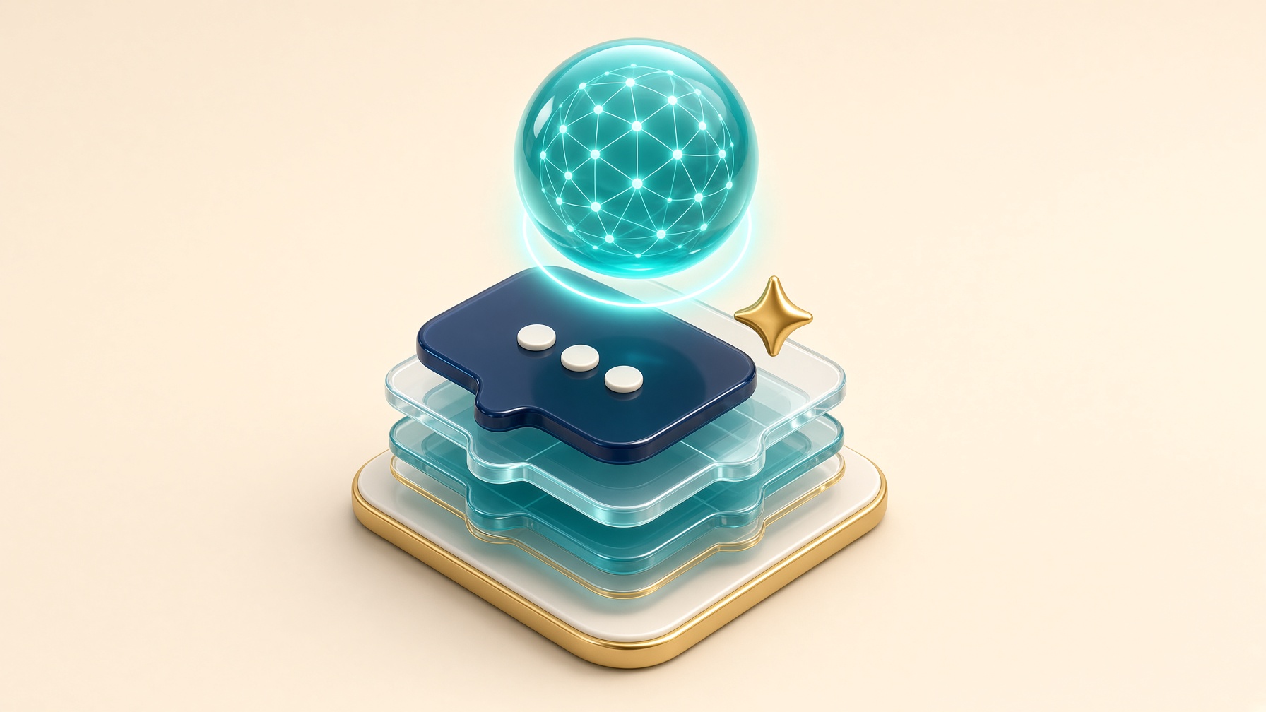 Bright 3D isometric glowing teal AI orb above glass chat cards