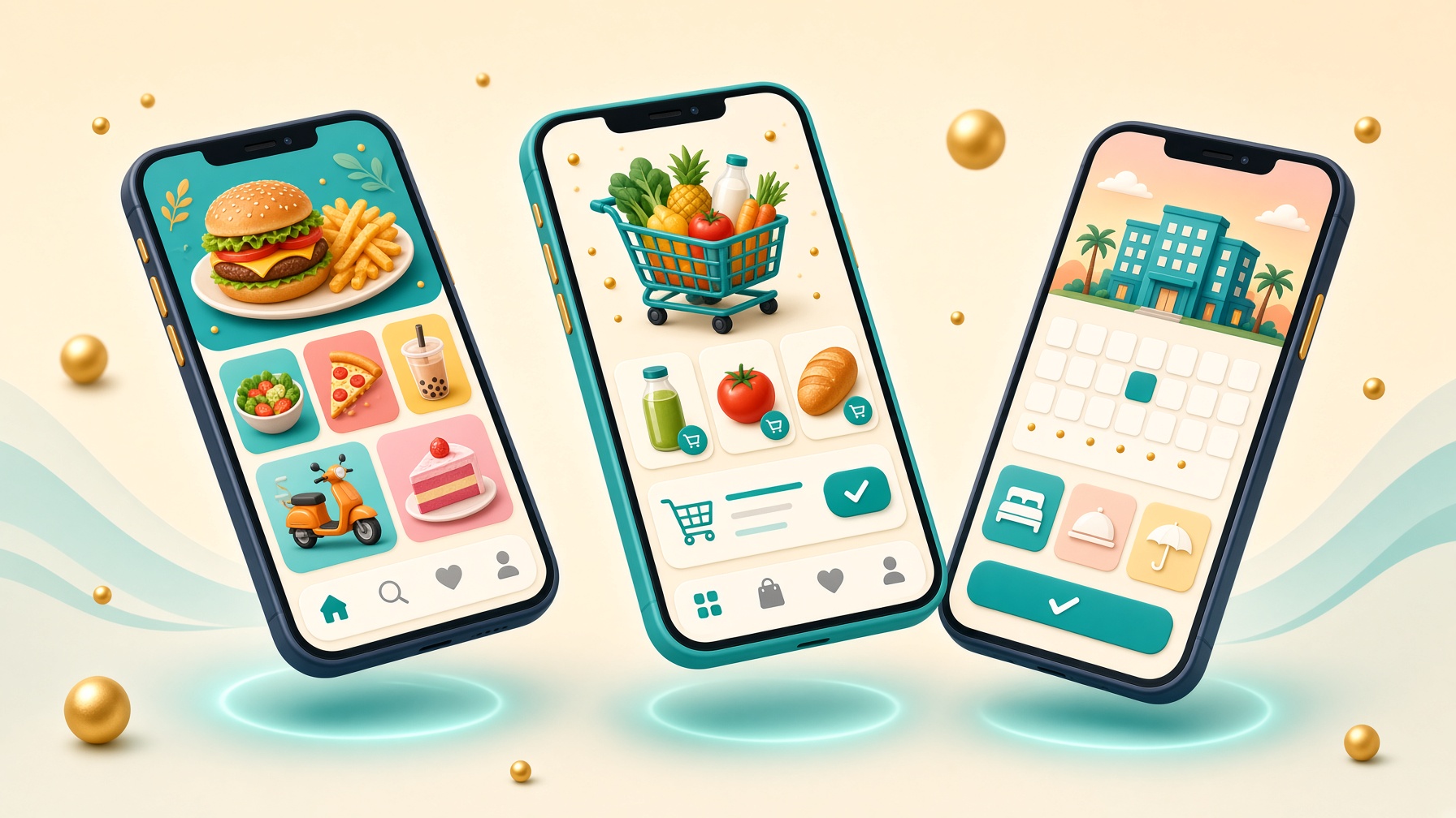 Bright 3D isometric smartphones showing food, grocery and booking app screens