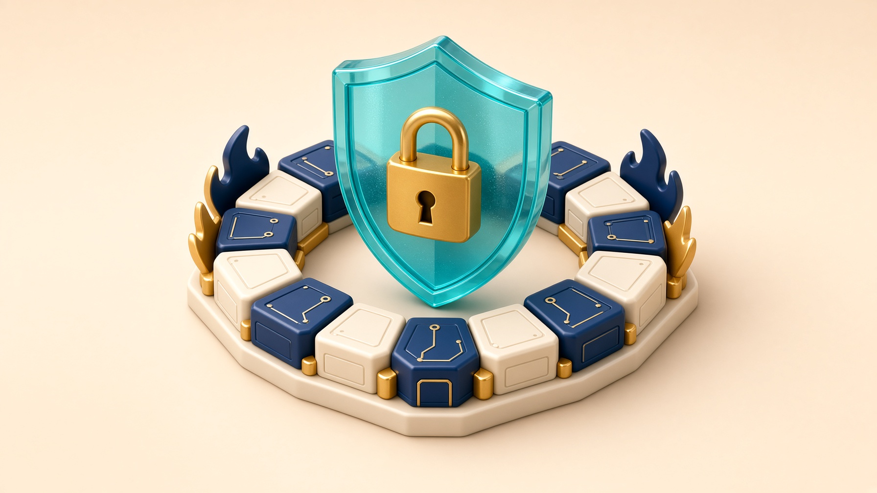 Bright 3D isometric teal glass shield with a gold padlock and hex firewall