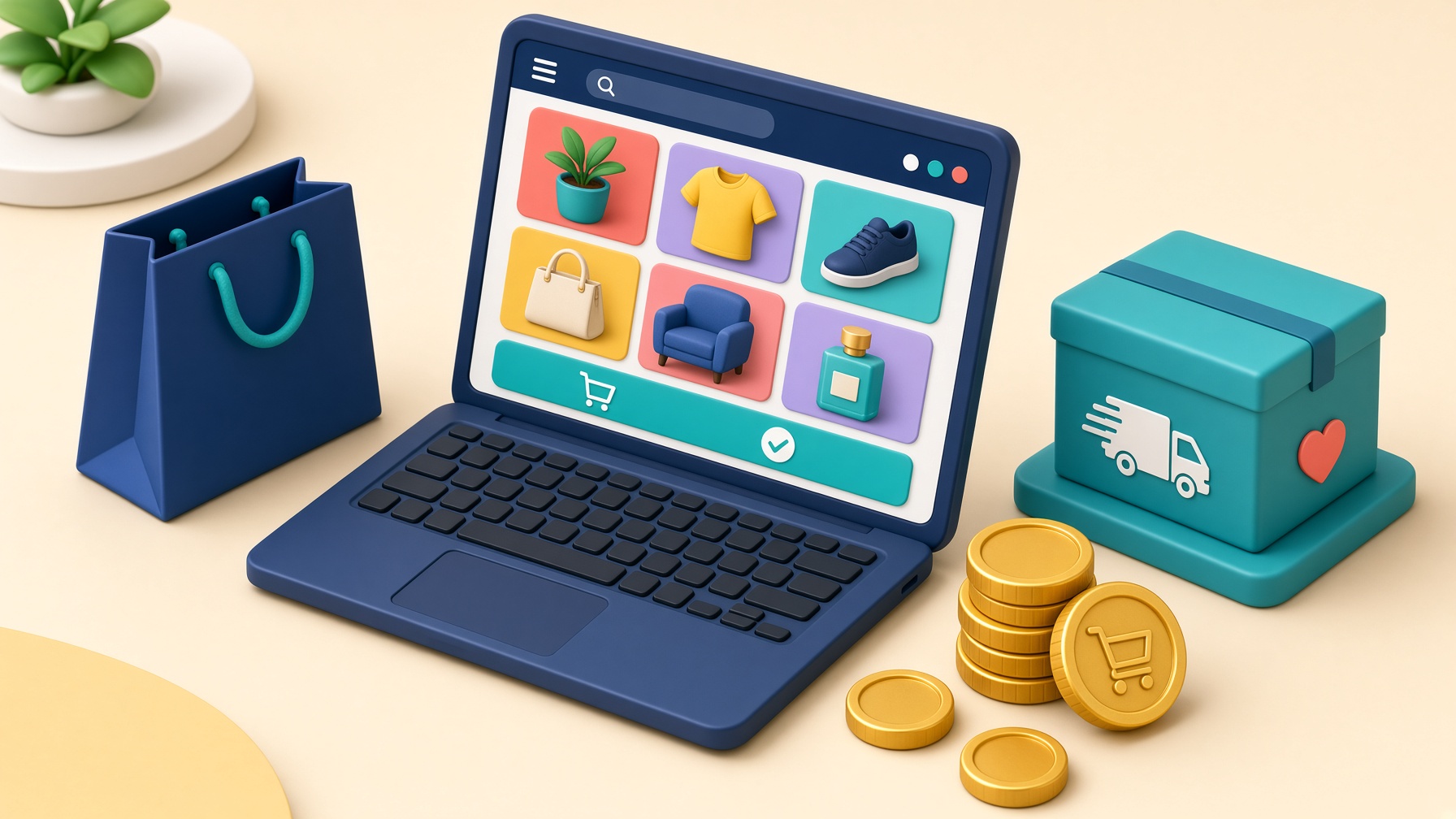 Bright 3D isometric online store with laptop, shopping bag, gold coins and delivery box