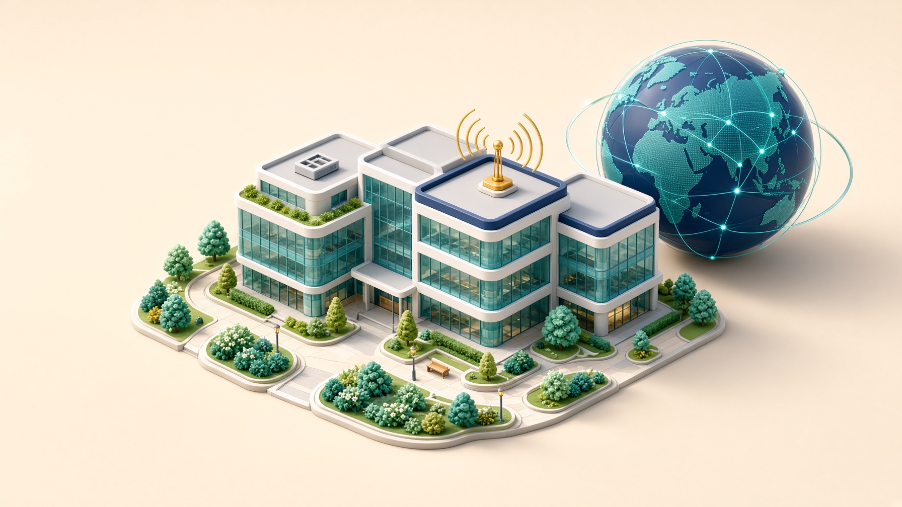 Bright 3D isometric glass office campus and network globe on a cream studio set