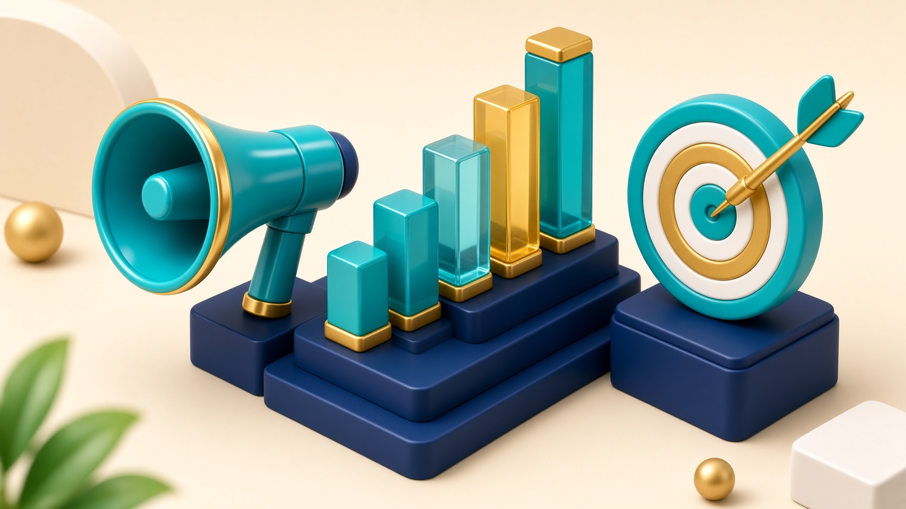 Bright 3D isometric teal megaphone, rising bar chart and gold target