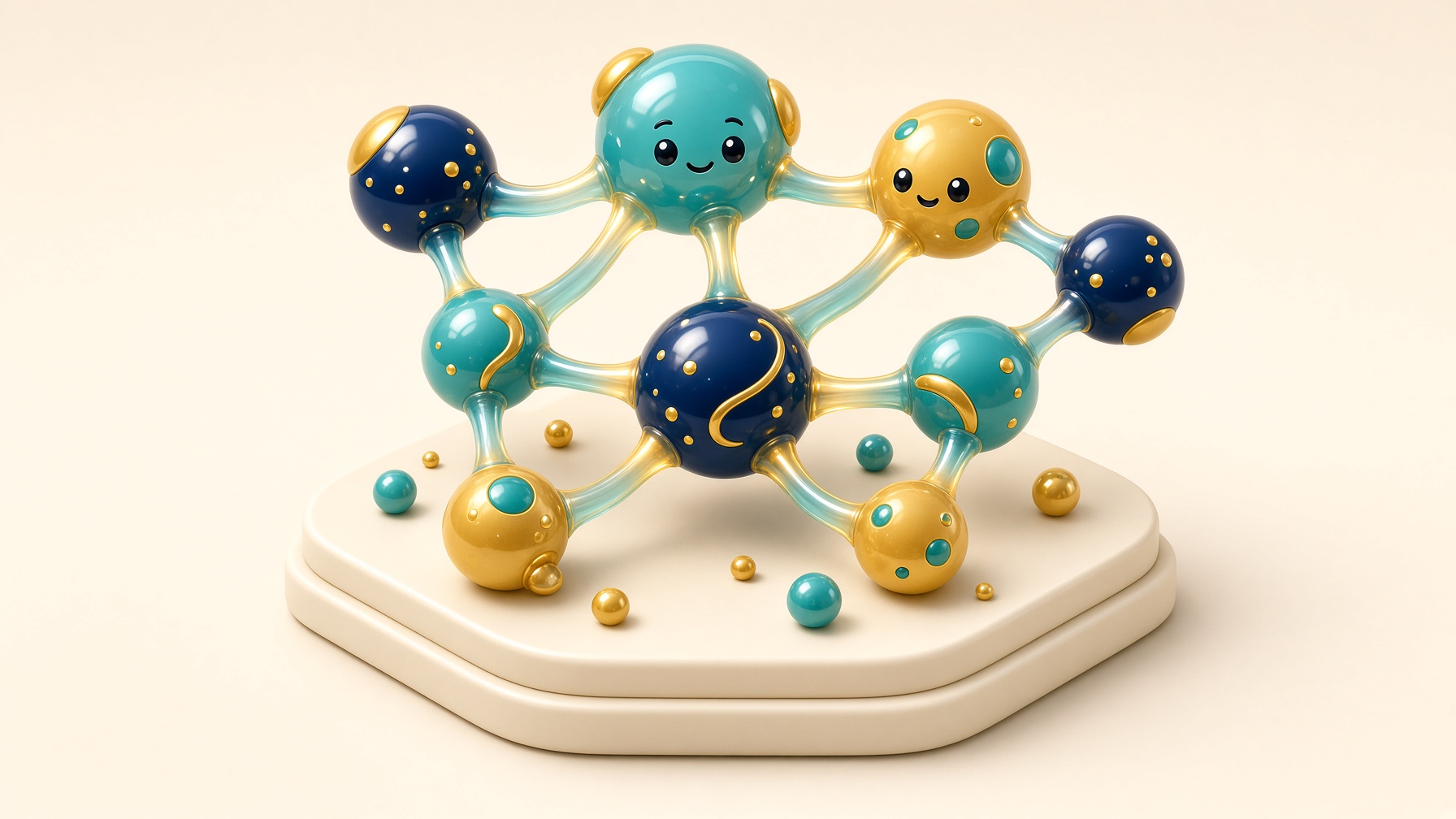 Bright 3D isometric teal, navy and gold neural network on a cream plinth