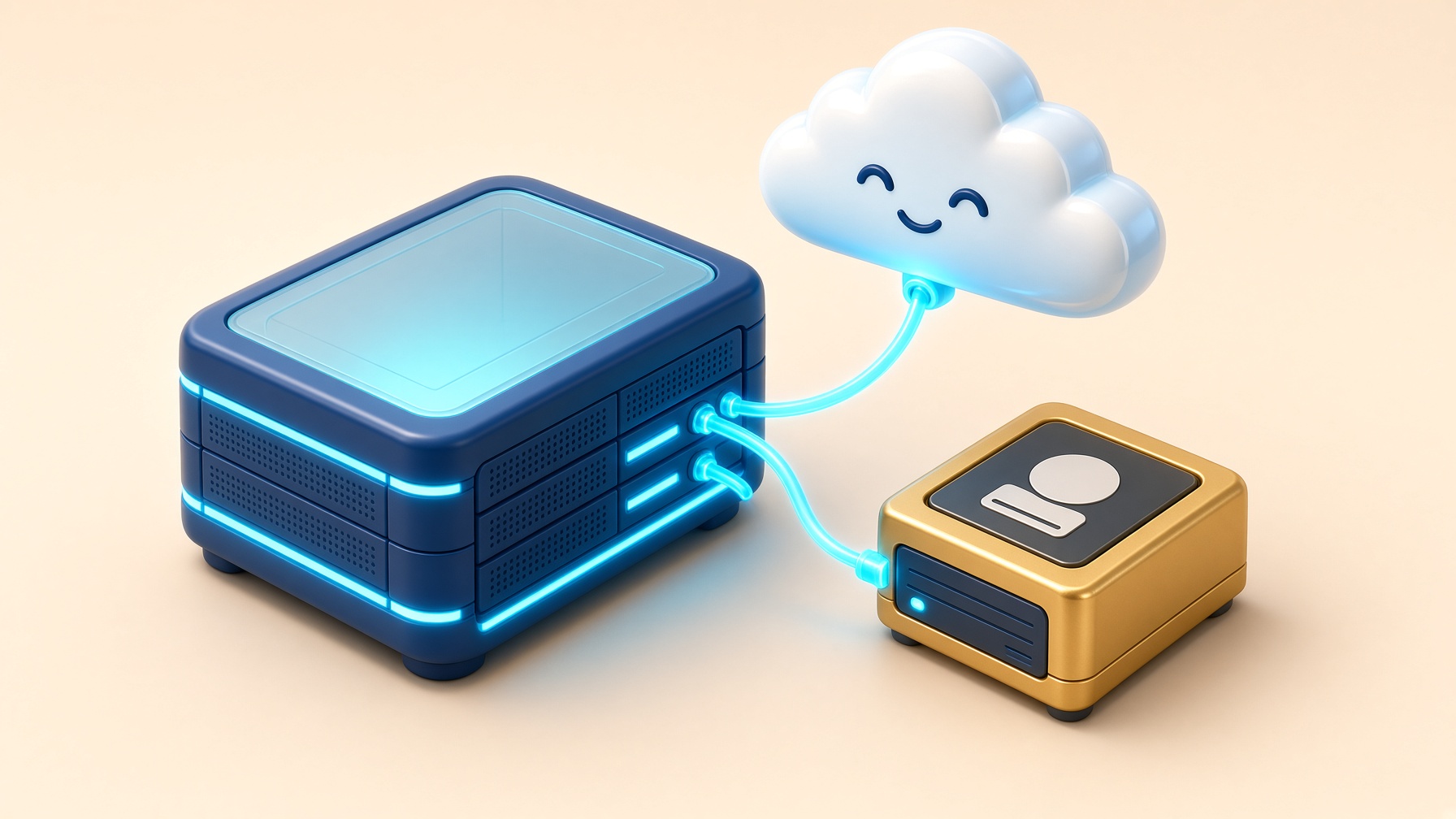 Bright 3D isometric server rack, teal cloud and gold drive on a cream studio set