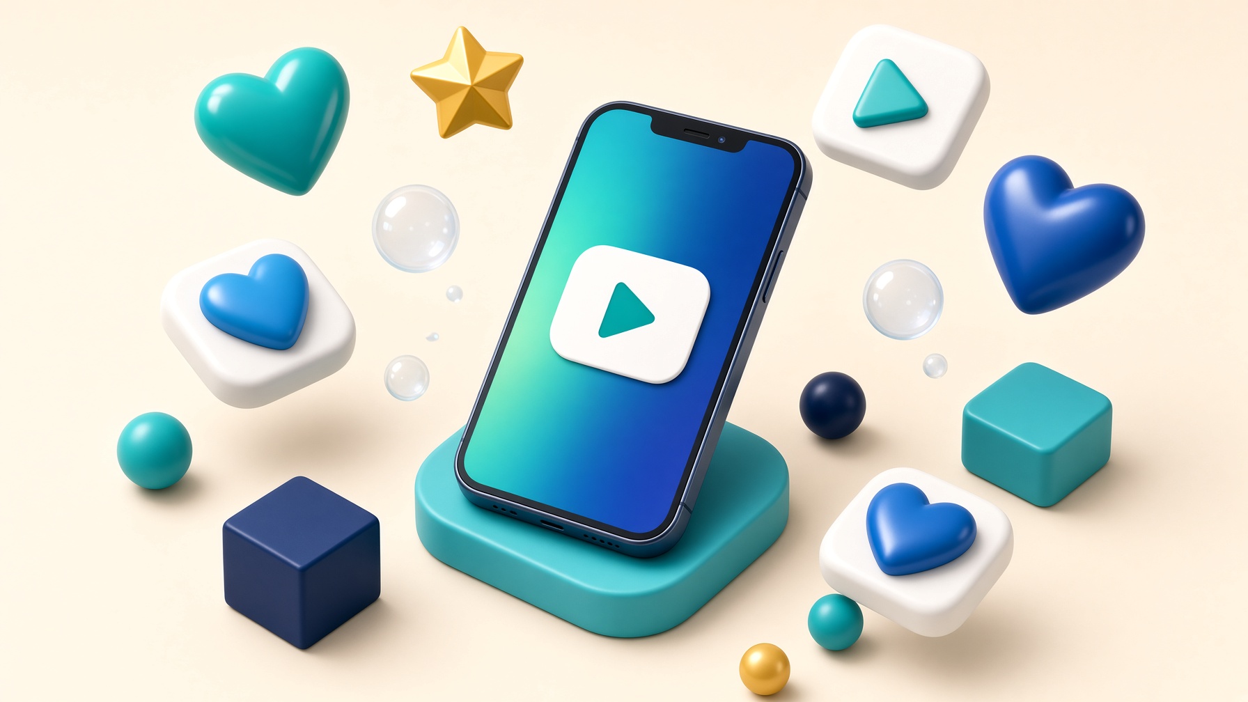 Bright 3D isometric phone with floating hearts, play tiles and like bubbles