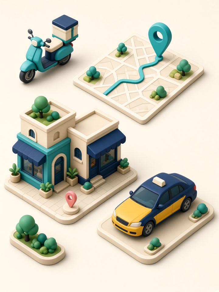 Delivery scooter, map and taxi