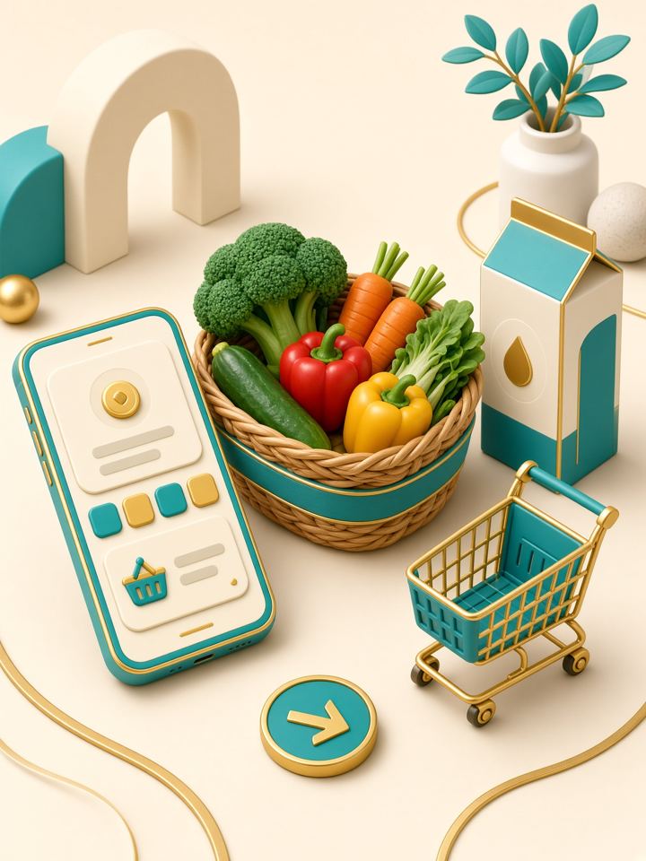 Grocery basket, phone and shopping cart