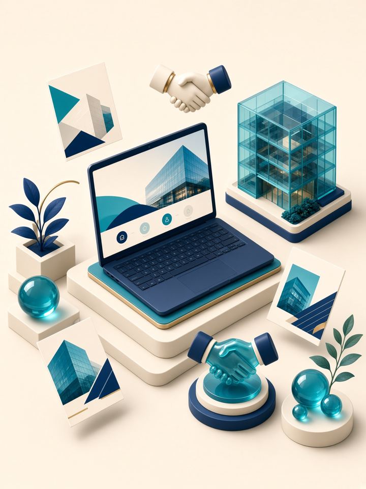 Company website on a laptop beside a glass office