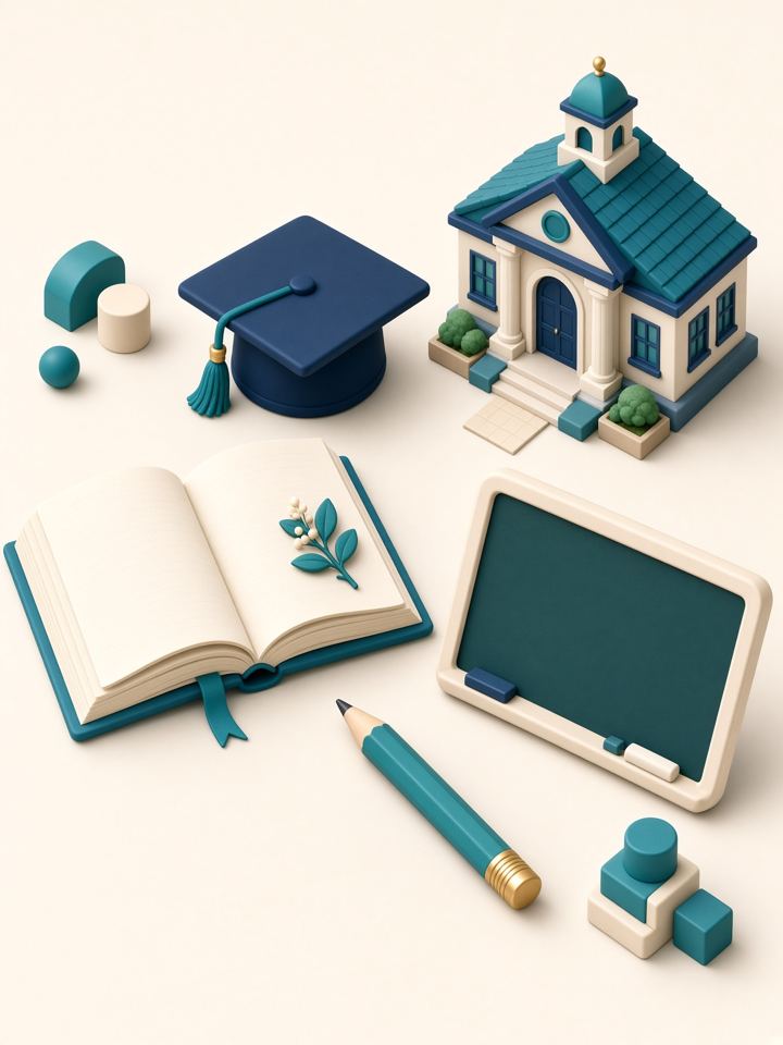 Books, graduation cap and a small school building