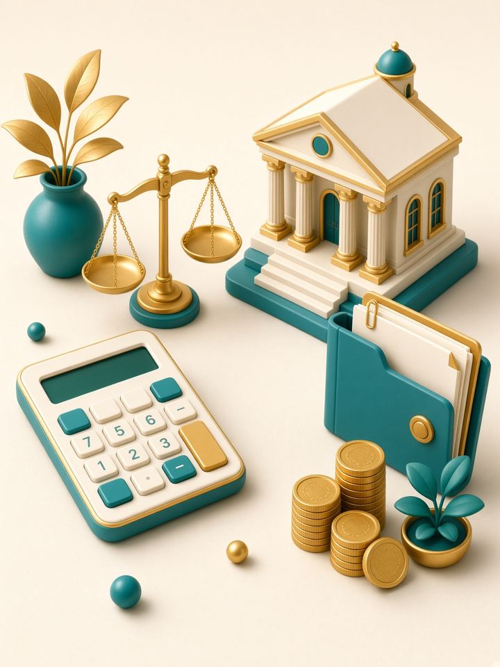 Calculator, documents and coin stack