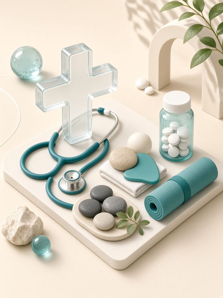 Clinic stethoscope, yoga mat and wellness items