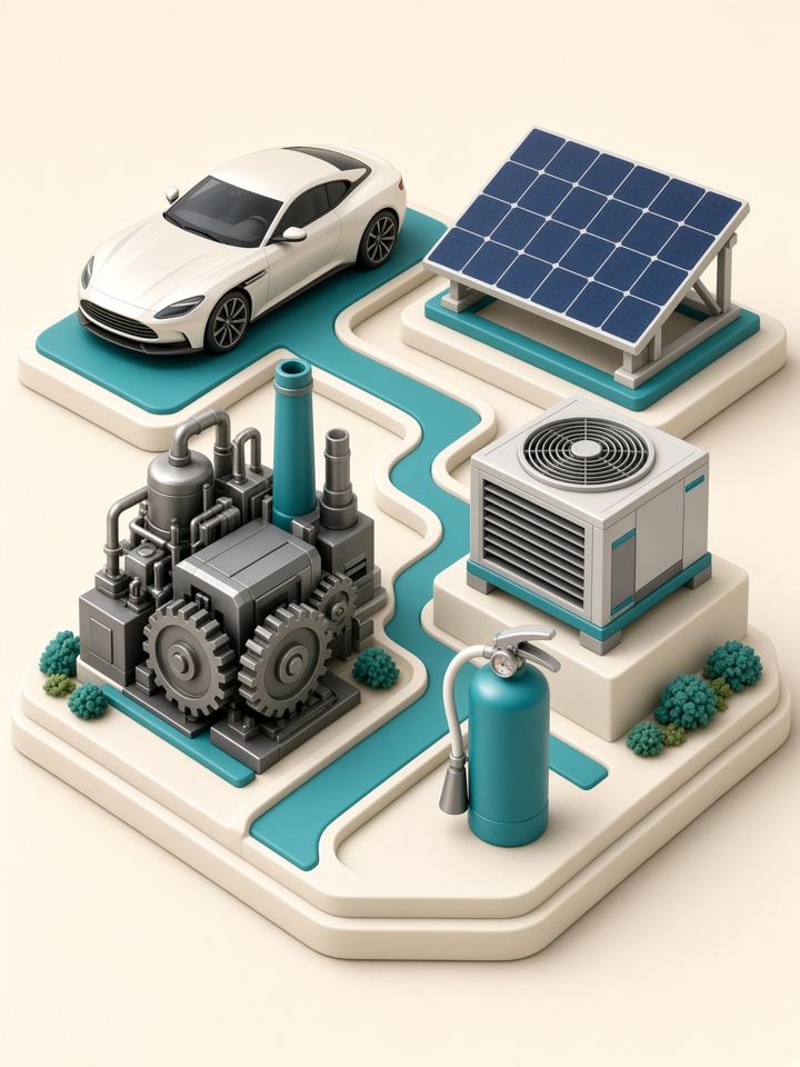 Car, solar panel, gears and factory equipment
