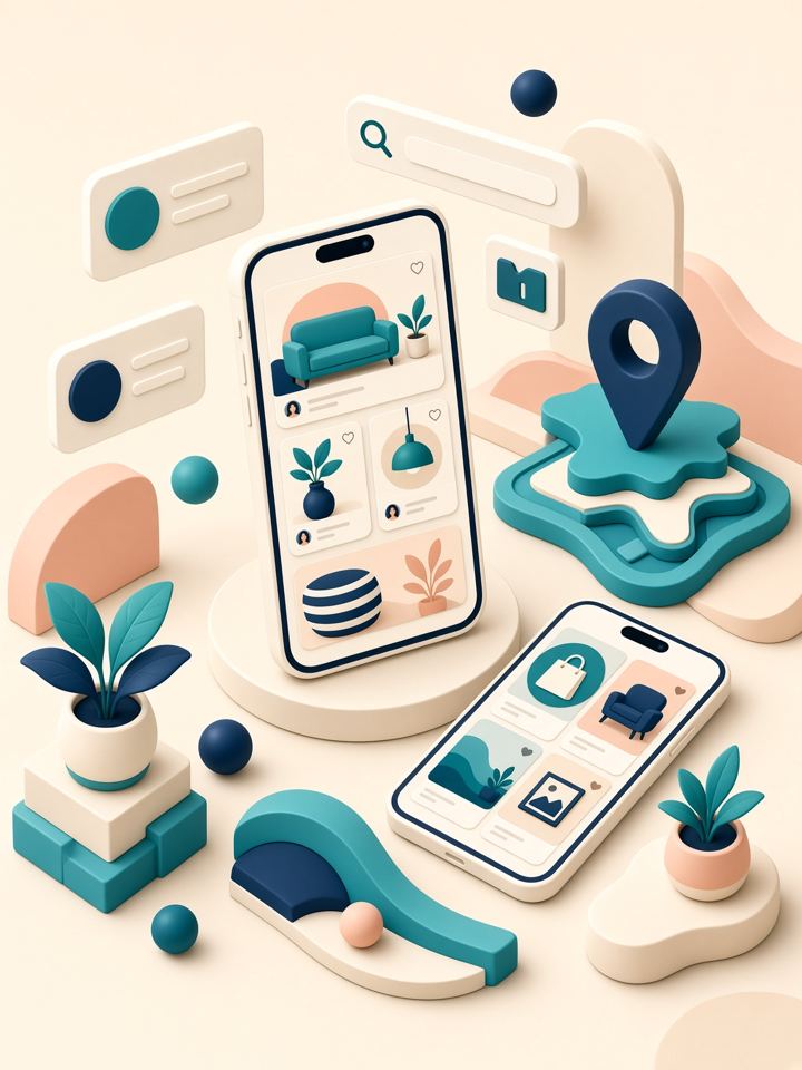 Phones showing a marketplace of listing cards