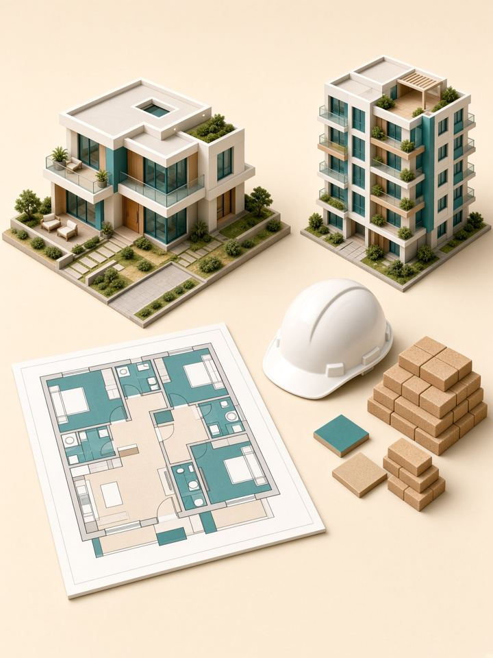 House model, floor plan and construction hard hat
