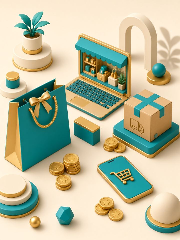 Online shop with shopping bag, laptop and delivery box