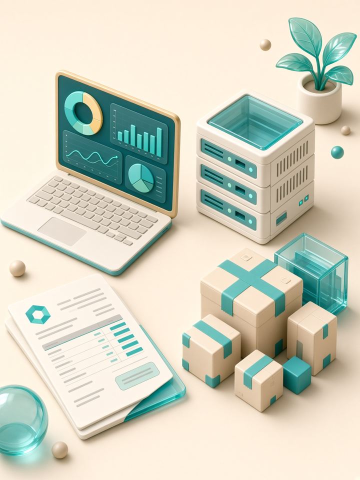 Laptop dashboard, server and inventory boxes