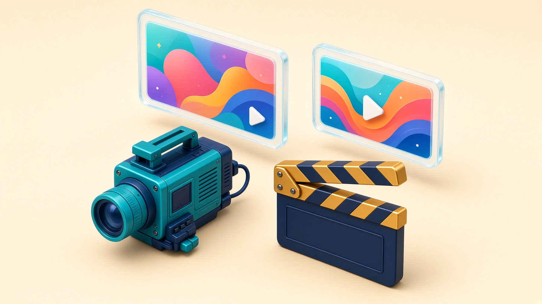 Bright 3D isometric cinema camera, gold clapper and floating video screens