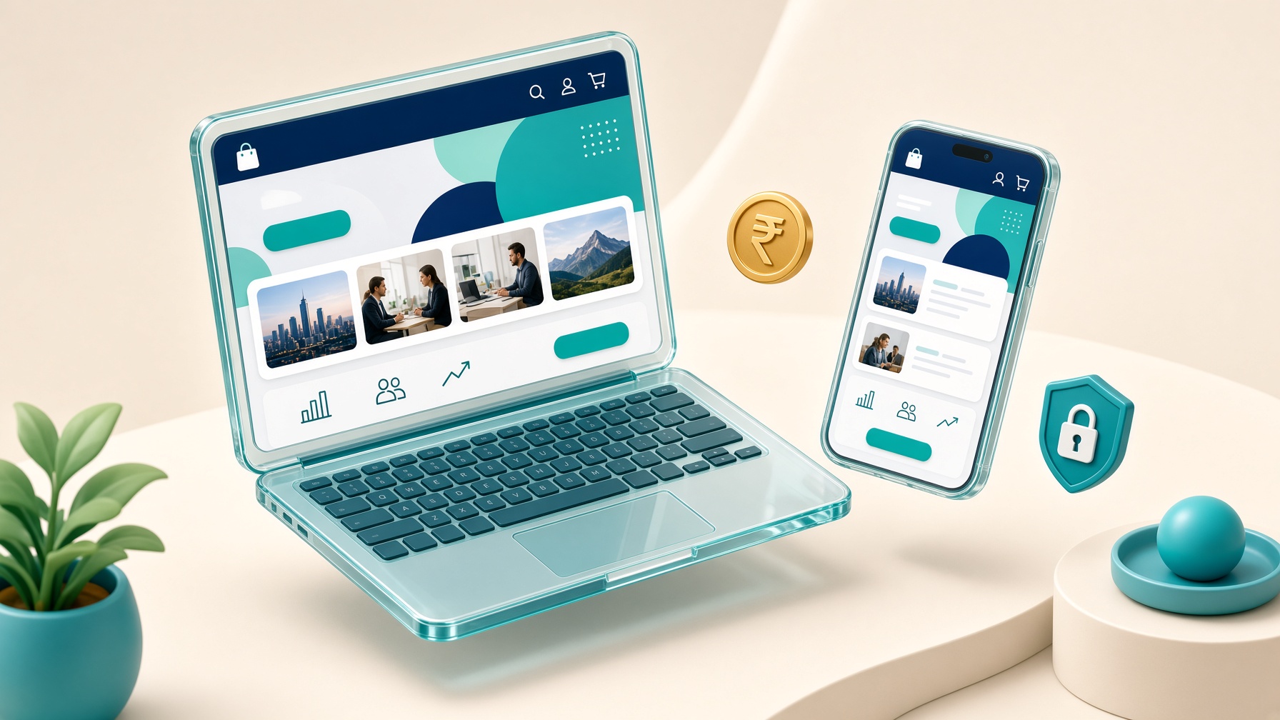 Bright 3D isometric laptop and phone showing a business website, gold coin and SSL lock